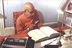 AC Bhaktivedanta Swami Prabhupada is the world's foremost Vedic Scholar. Here he is seen translating Vedic scripture.  during the early '70s. In all, he has published more than sixty volumes and founded a monthly publication, "Back to Godhead". His books are translated in over thirty languages and serve as standard textbooks in numerous college courses.